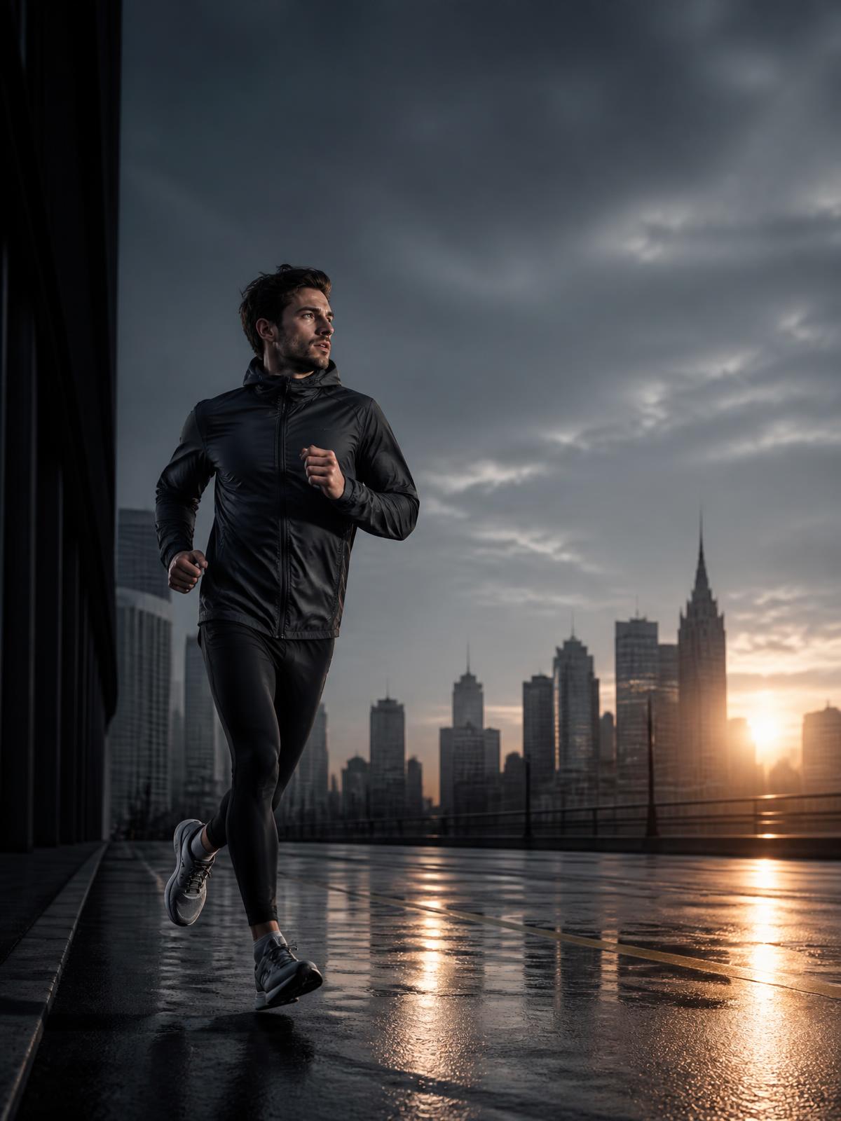 Runner moving through a city at dawn on reflective pavement
