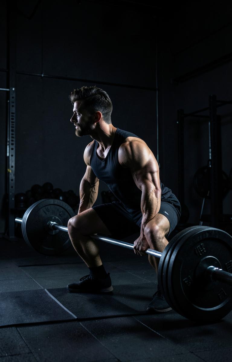 Athlete driving a heavy barbell from the floor in a dark gym