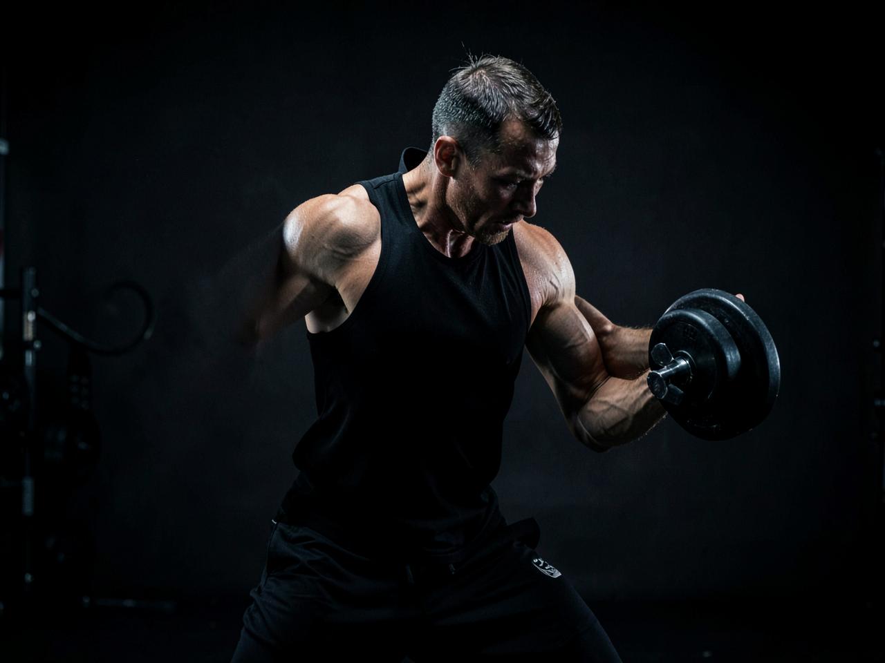 Athlete training explosively with dumbbells under dramatic light